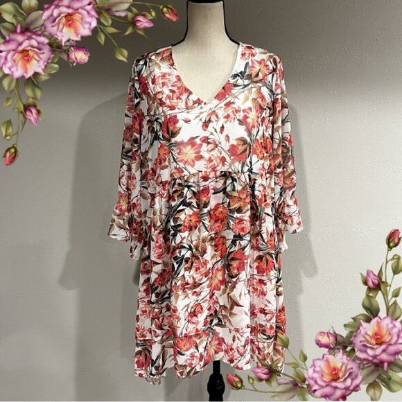 Gianni Bini Chiffon V Neck Shift Dress Wava Poppy Floral Print - Picture 1 of 14